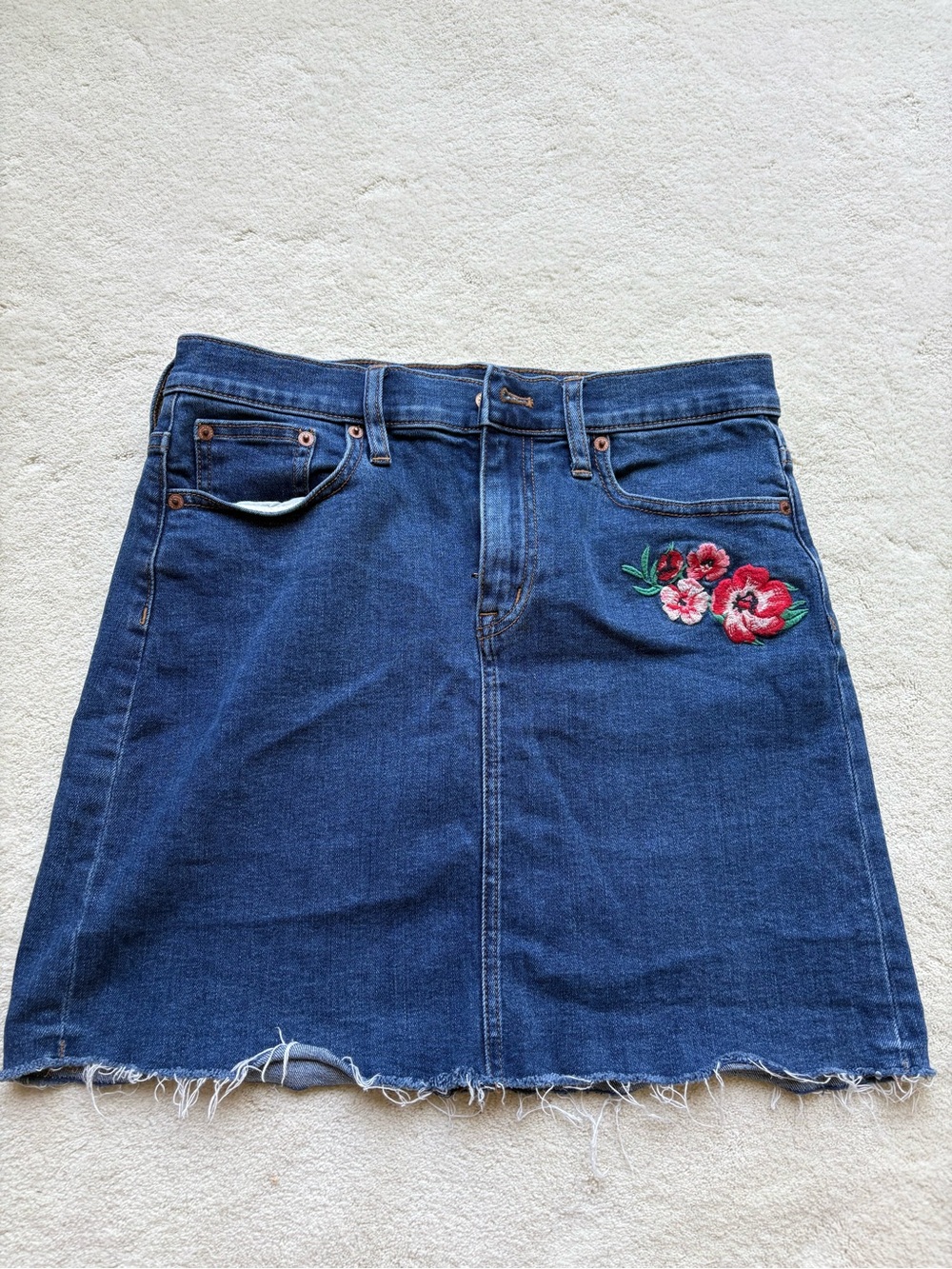 J. Crew Dark Blue Denim Mini Skirt with Red Floral Embroidery